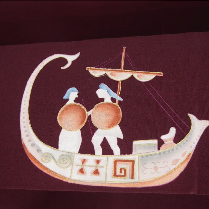 【名古屋帯】江戸紫色に古代ギリシアガレオン船柄の帯