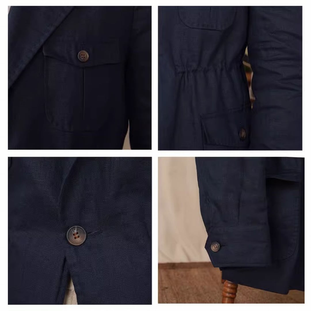 J5106 美品 ロロピアーナ 近年モデルリネンサファリジャケット ネイビー S J5106 美品 ロロピアーナ 近年モデル リネンサファリジャケット