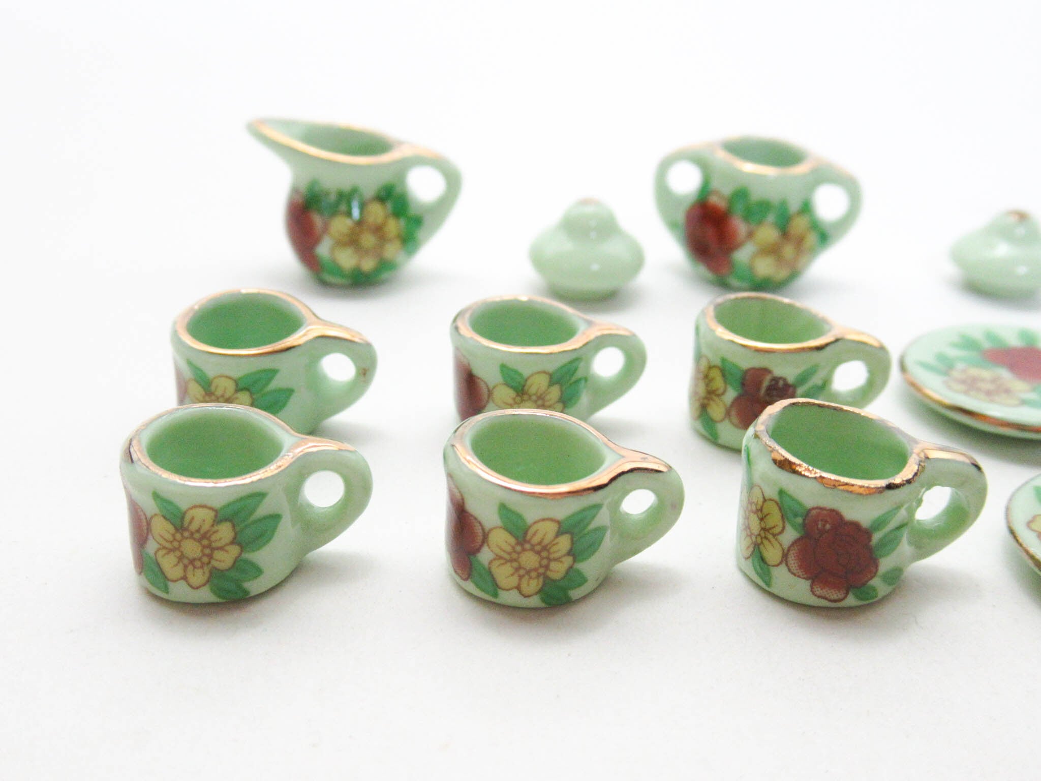 ミニチュア 陶器◇可愛いティータイムセット ミントプリント（AD051