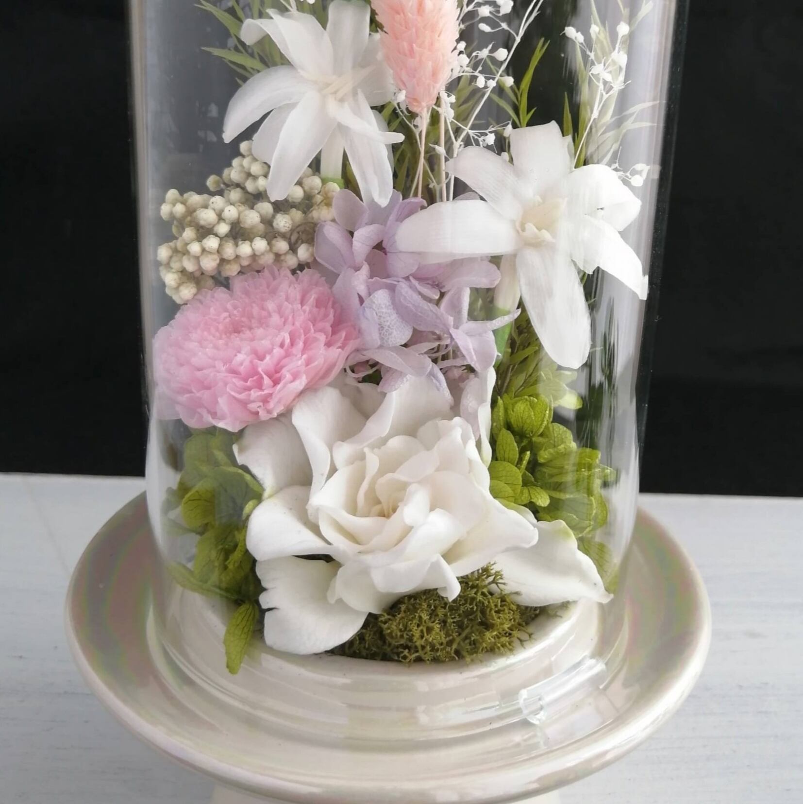 お供え用 おおきめ仏花 プリザーブドフラワーアレンジ作品 ガラス