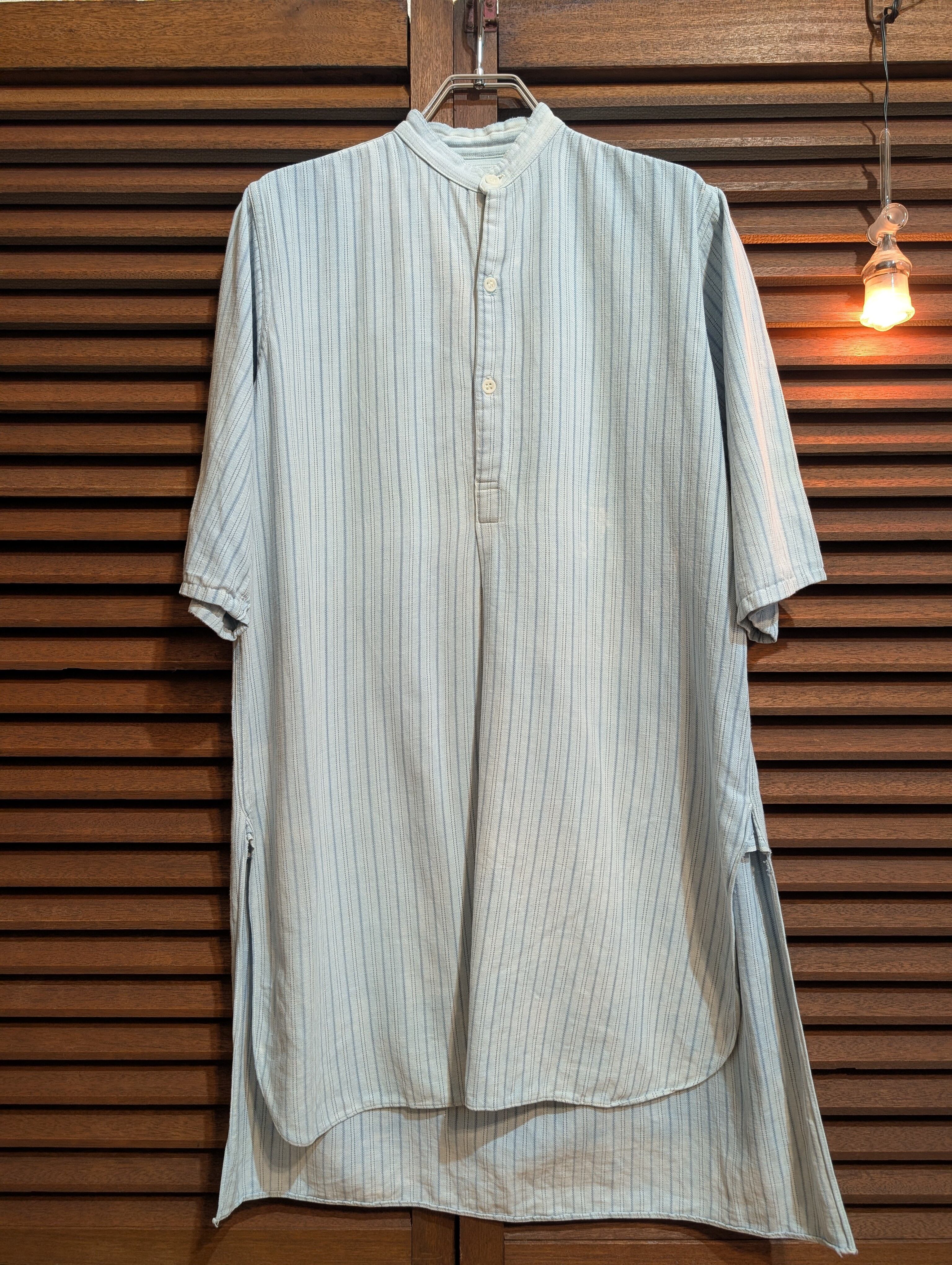 30-50s France Grandpa Shirt Lightblue Stripe Milkglassbutton Gusset Cutsleeves