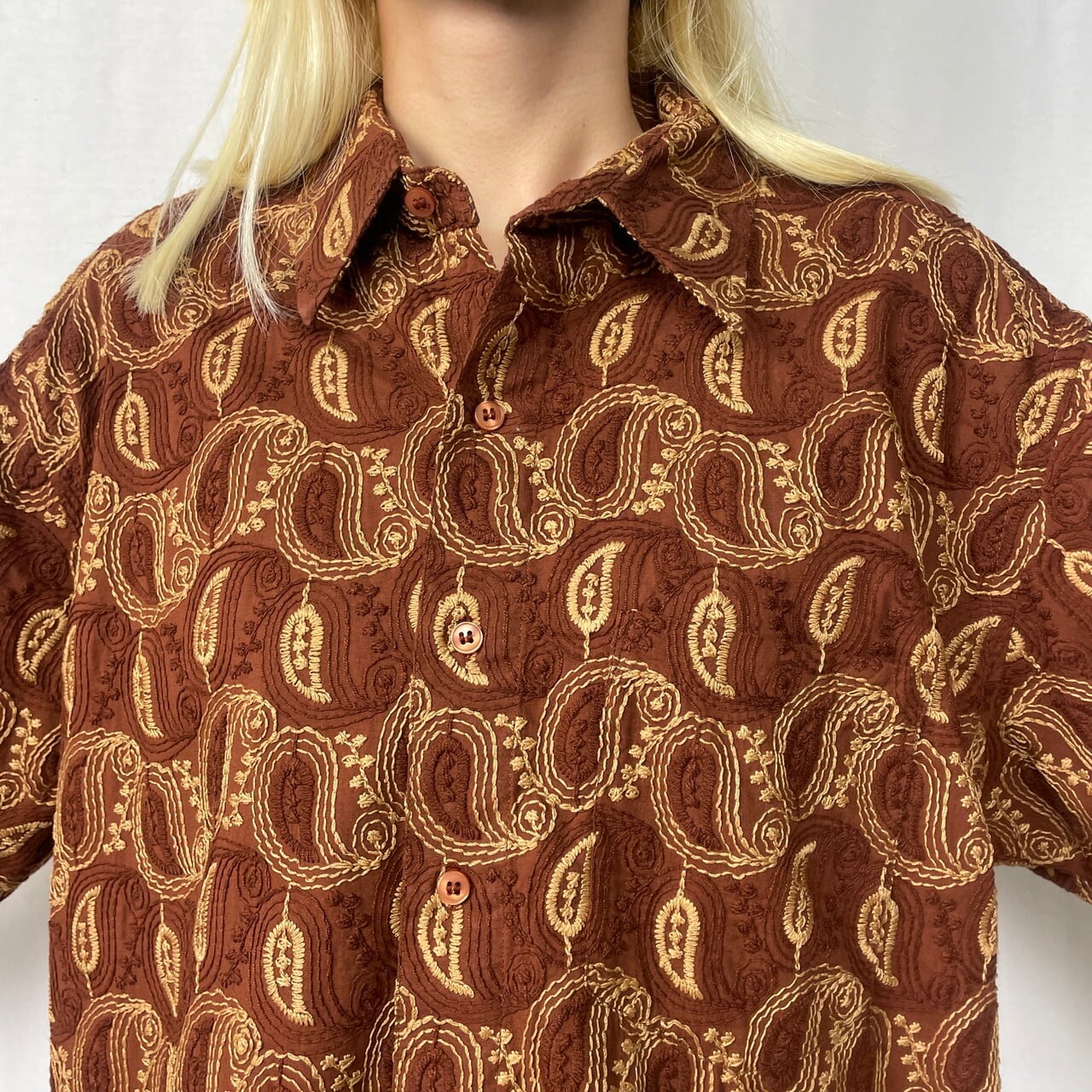 総刺繍 ペイズリー柄 コットン 総柄シャツ メンズXL相当 古着 ブラウン