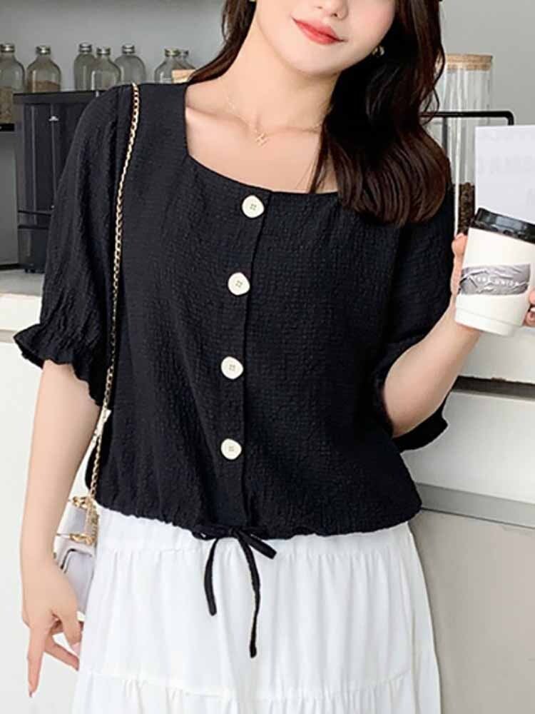 シワ加工スクエアネック5分袖ブラウス オフィスカジュアル シンプル