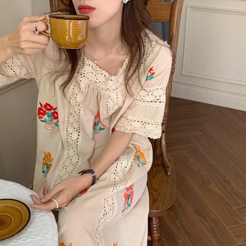 チェーン Flowerデザイン ドレス サマーレースルーズロングスカート レッド 刺繍 夏物 フラワーデザイン ビッグFスモールZ韓国38126579430