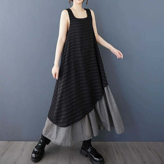 CONTRAST LAYERED SQUARE NECK SLEEVELESS LONG DRESS 1color M-13545