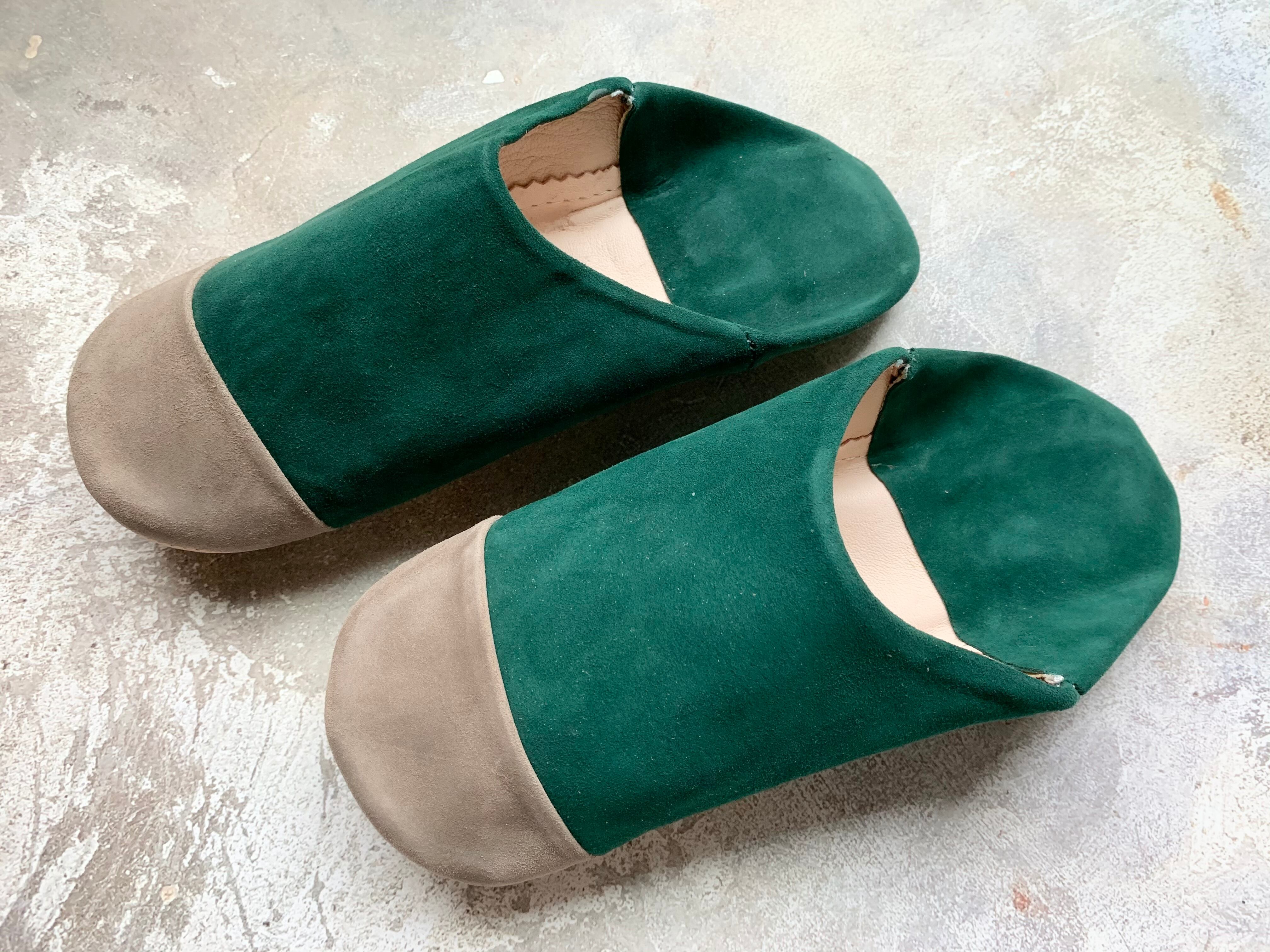 モロッコスエードバイカラーバブーシュ(グリーン)