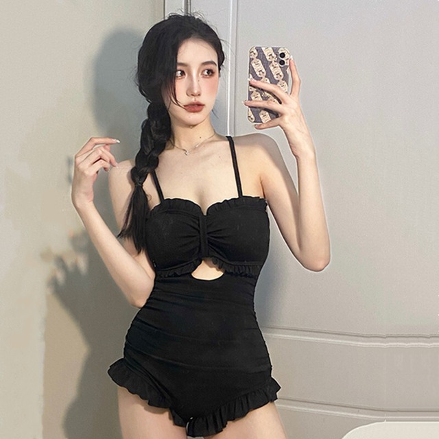 オトナ女子 韓国系 体型カバー 無地 透かし彫り 着痩せ 学生 かわいい 水着43423106