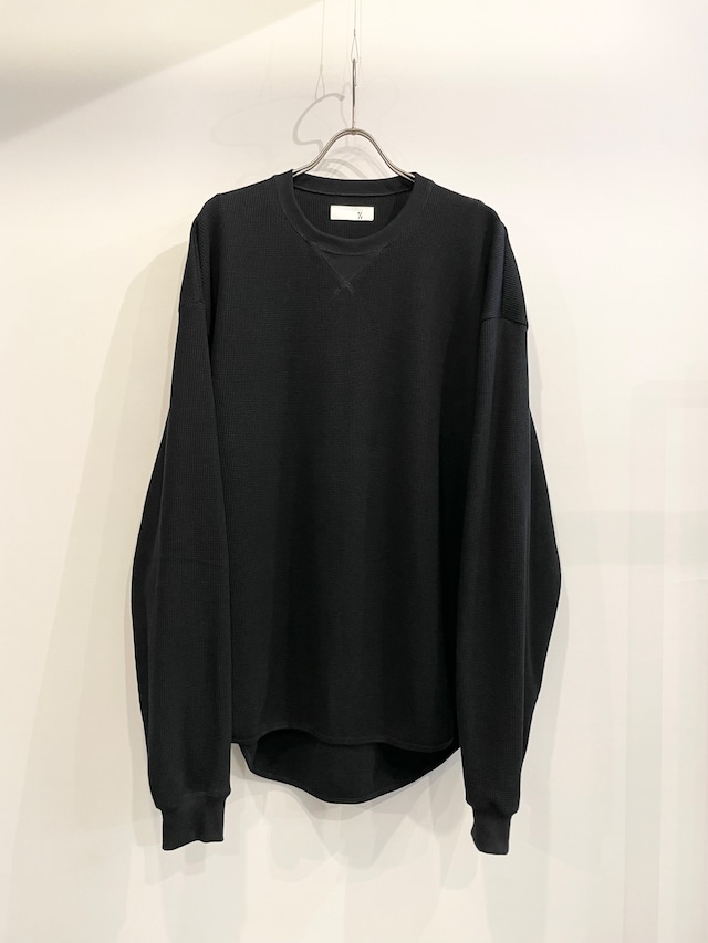 T/f Lv3 loose fit V-gusset crew neck waffle long sleeve top - black