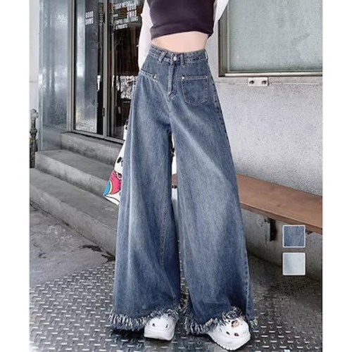 新追加 2025 新作春 脚長効果! デニムパンツ レディース ワイドデニムパンツ 裾フリンジ ジーパン