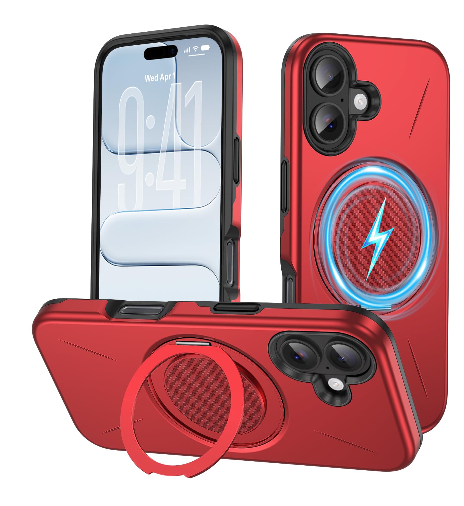 KUJQOC 対応 iPhone 18/iPhone 17 ケース【360°回転スタンド・超絶安定性ゼンマイ式】リング付き 耐衝撃 縦横両用