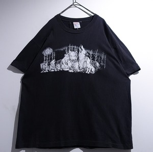90s Black Wolf Print Design Animal T-shirt