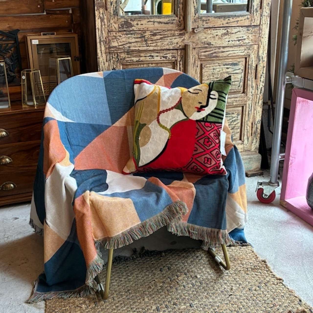 TOPANGA Homefurnishing Mod mosaic throwket　モッドモザイクスローケット　130×180cm　ブルー　オレンジ　アイボリー　ミッドセンチュリー　モダン　ジオメトリック　幾何学模様　ソファカバー　ベッドカバー　ブランケット　カーテン