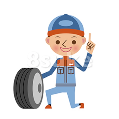 イラスト素材：タイヤ交換をする自動車整備士（ベクター・JPG）