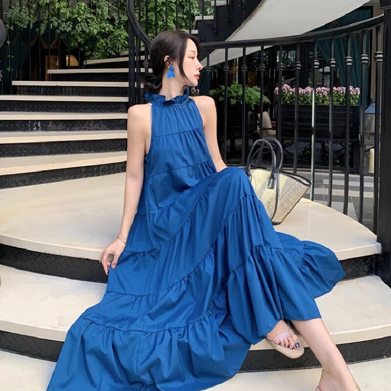 SummerVacationシリーズ】ロングワンピース ノースリーブ 大振裾 無地 