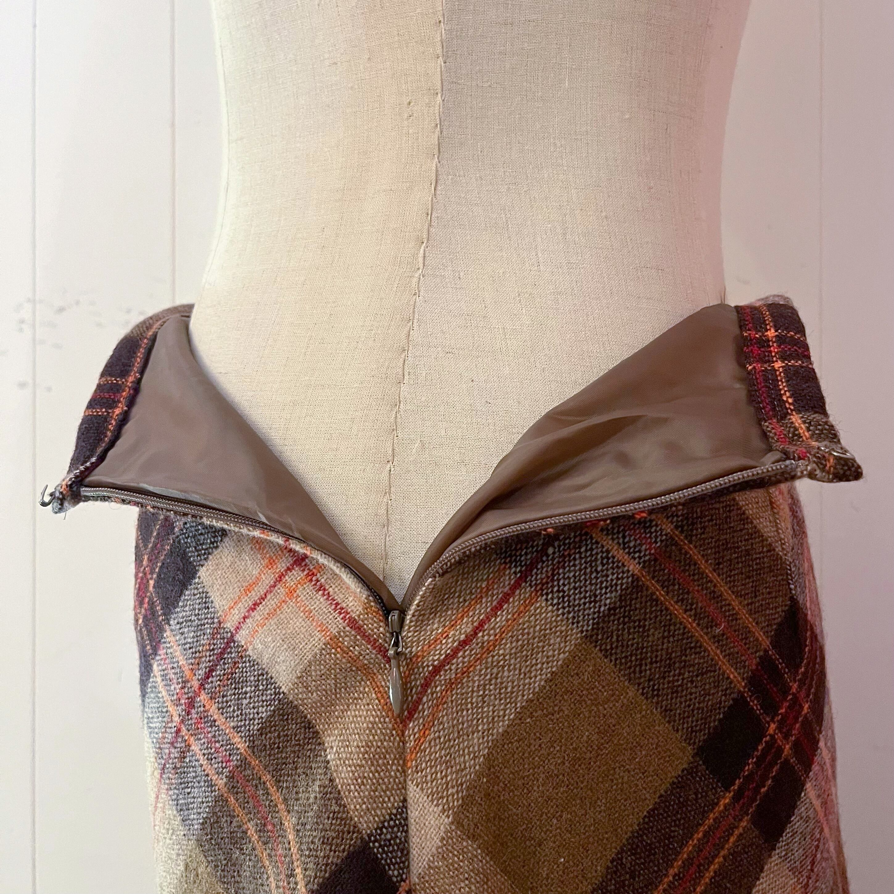 orange check wool long skirt