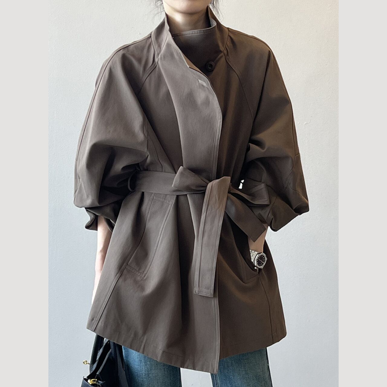 ミディ丈スタンドカラーウエストベルトジャケット　a0286