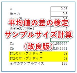 t検定 平均値の差の検定（割り付け比にも対応）サンプルサイズ計算【改良版】【エクセルでサンプルサイズ】