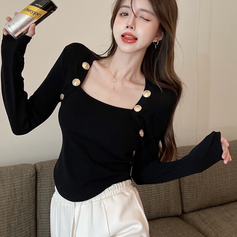 スタンダードショートブラックTシャツ ロング レトロ オータム 秋物 スクウェア ガールズファッション80738126298