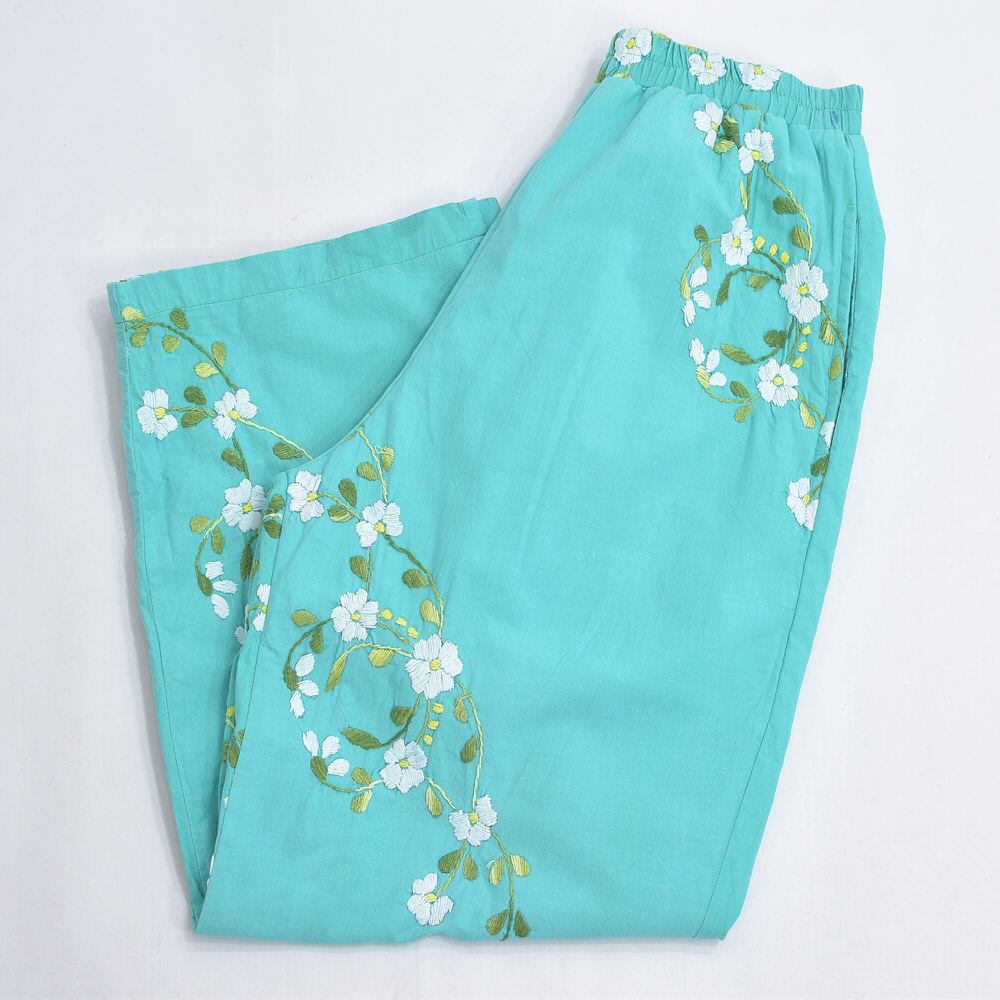 Remakeリメイク 再構築 パッチワーク&フラワー刺繍 デザイン ルーズシルエット コットン イージーパンツ エシカル ターコイズ 古着 裏地付き レディースW64~90cm