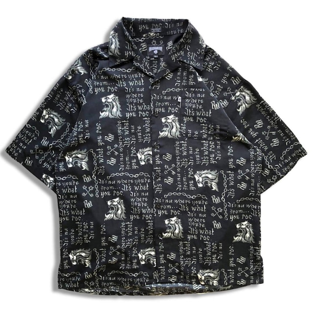 90s ロカウェア 半袖 総柄シャツ ブラック L Rocawear アロハ 