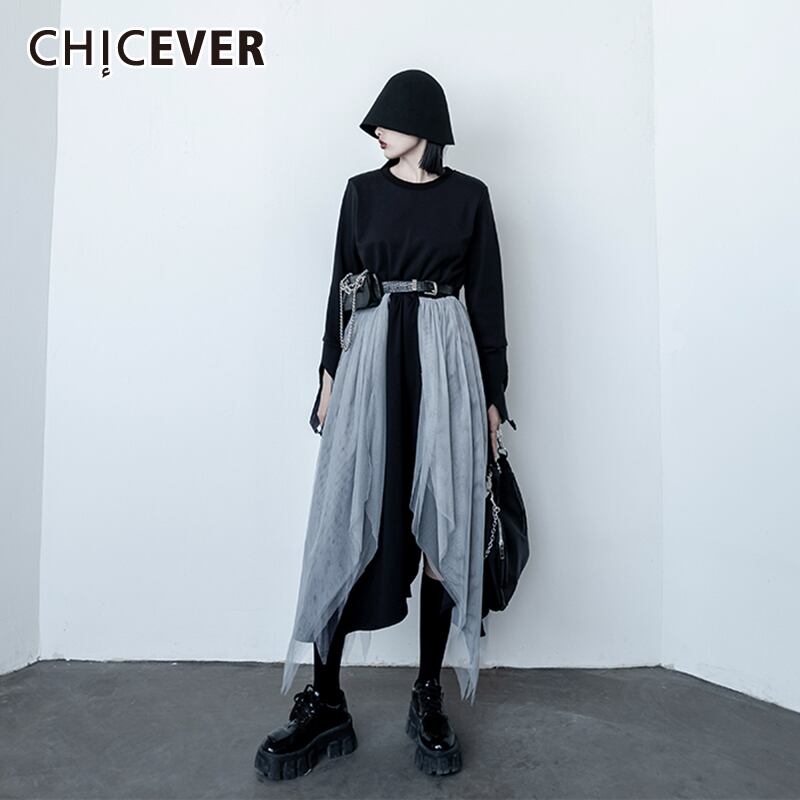CHICEVERシックなスタイルのドレス女性Oネック長袖パッチワークメッシュヒットカラールーズアシンメトリー裾ドレス2021タイド ロング 6base576695212831