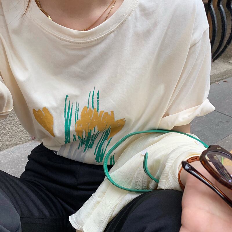 ラウンドネック半袖スリーブルーズスプリングサマープリントTシャツ トップス レディース ショート ハーフスリーブ 春物 夏物 Oネック ビッグFスモールZ韓国78094885381