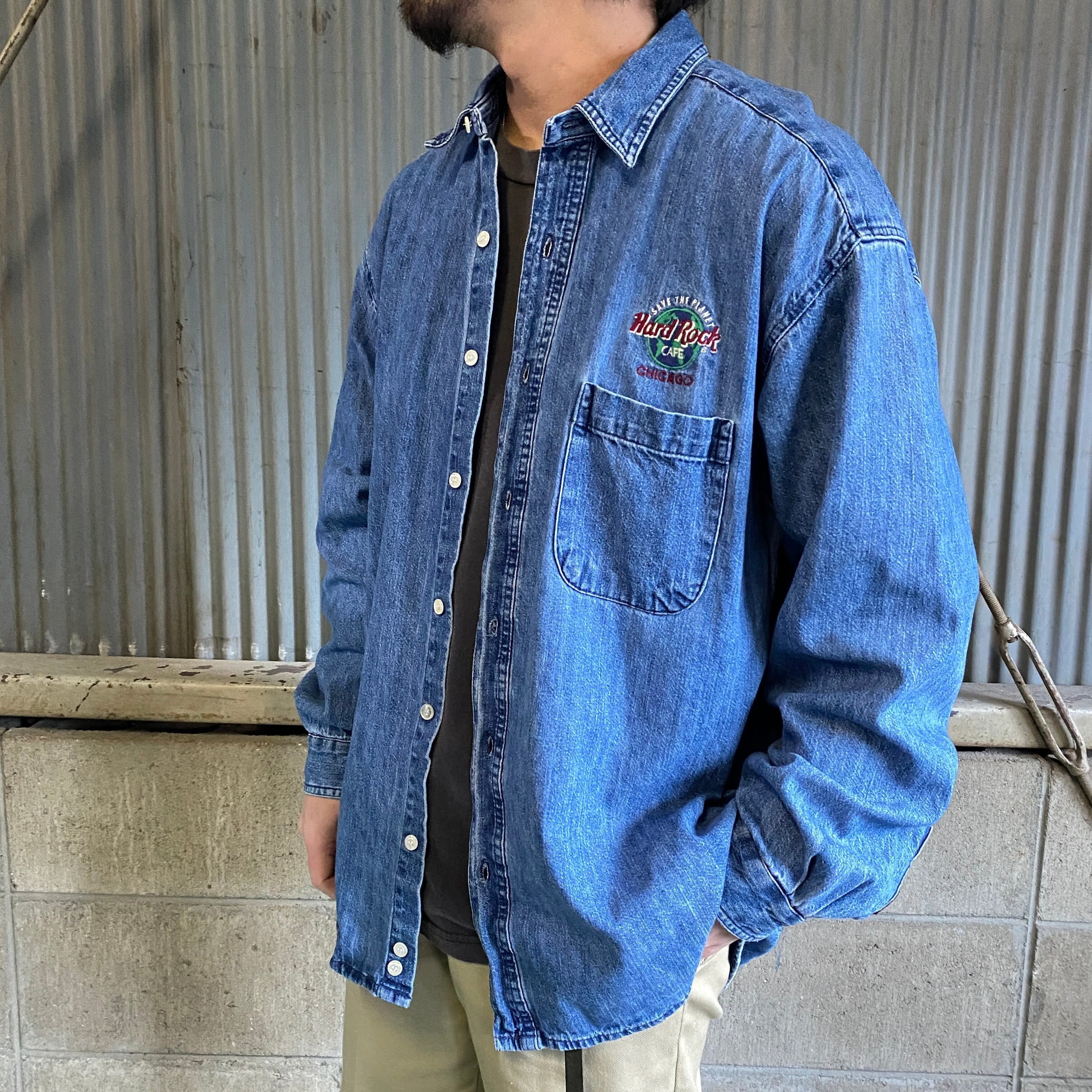 「ラルフローレン」(XL)長袖デニムシャツ 刺繍ロゴ ボタンダウン  90s