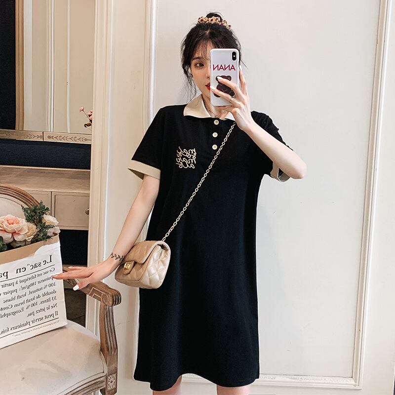 【新作】【送料無料】 マタニティウェア2020夏の新しいファッションニットポロカラー刺繍Tシャツスカートミドル丈マタニティスカート-アリババ レッド サマー 夏物 expec214739211044