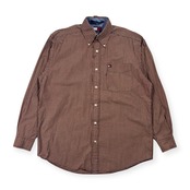 90s TOMMY HILFIGER トミーヒルフィガー フラッグ刺繍 チェック柄 長袖 ボタンダウンシャツ XS /オレンジ×ネイビー系 メンズ ビンテージ