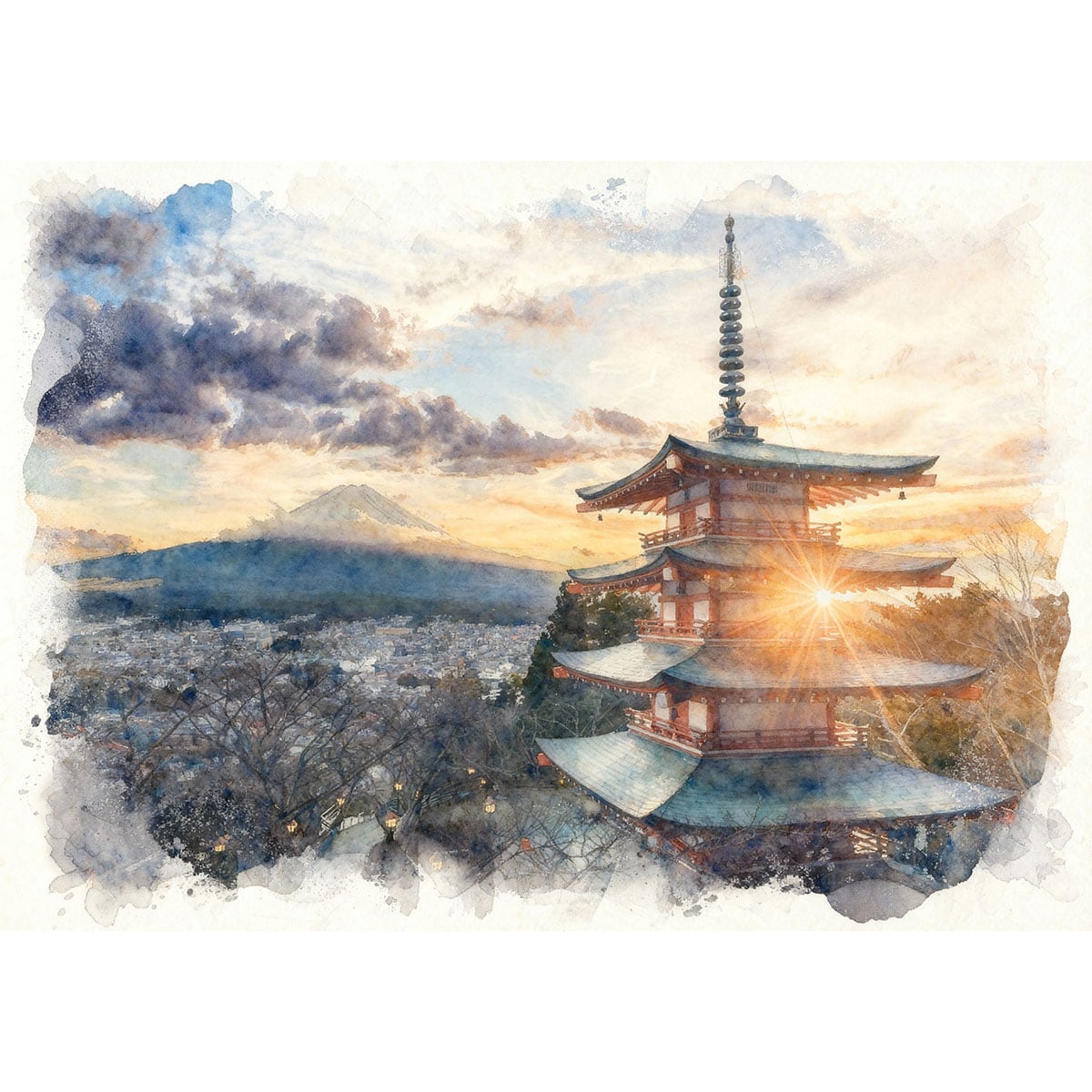 絵画 日本 山梨県新倉山浅間公園 五重塔からの富士山 インテリアアート額付き 水彩画・油絵風 WAT0043