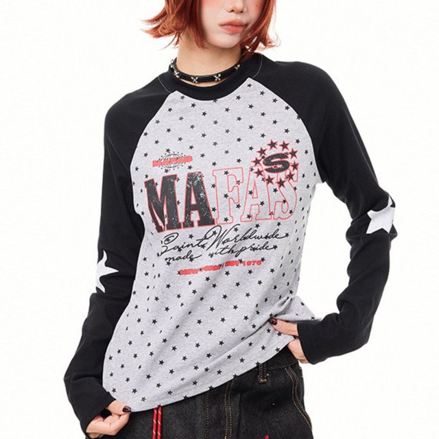 マルチスタープリントレタリングラグランTシャツ 2col   R02564