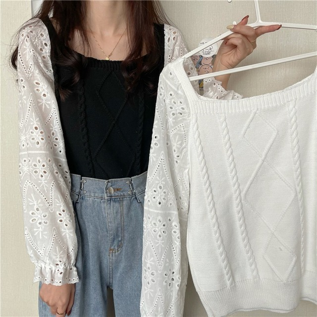 オータムスリムニット刺繍スリーブシャツ トップス 秋物 スクウェア ステッチ YY-ファッション97208055945