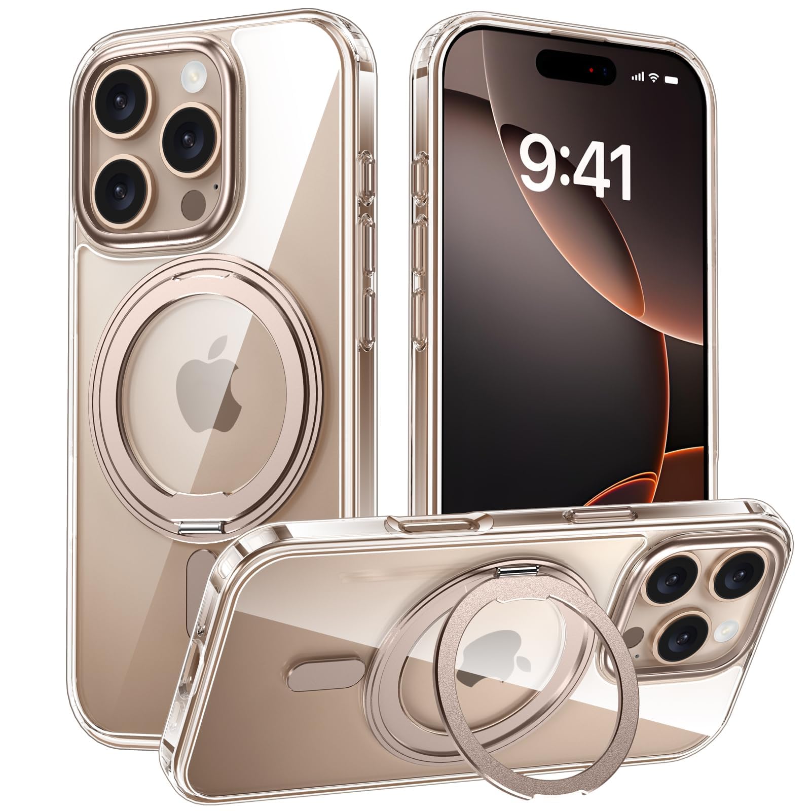 【努力特価】iPhone 16 Pro Max 適用 ケース Magsafe対応 アイフォン16プロマックス カバー 360°回転スタンド Uovon スマホケース アイホン 16promax 携帯ケース ワイヤレス充電 車載ホルダー 対応 ストラップ穴付き 透明 指紋防止 黄?防止 ・ クリア デザート