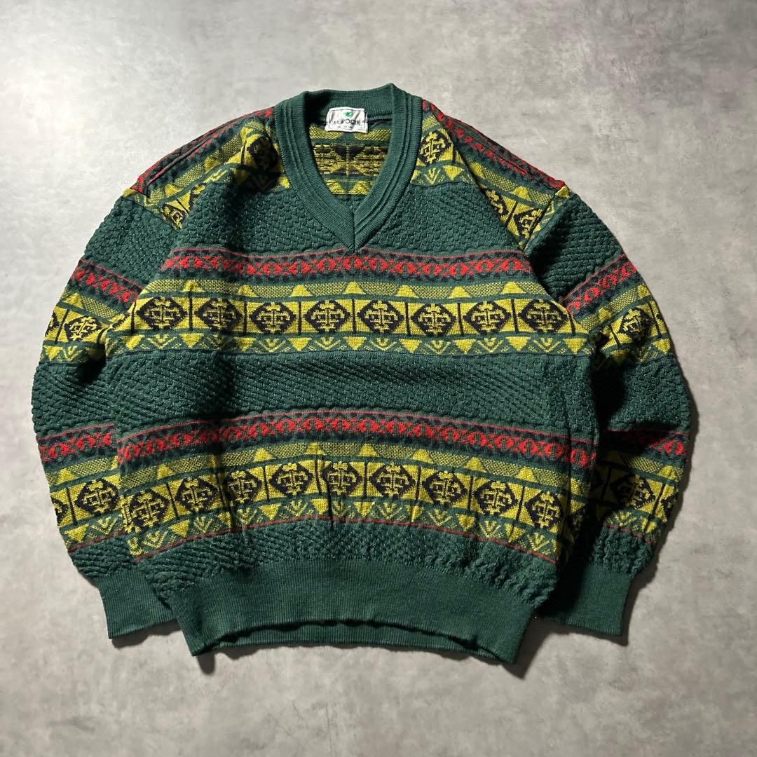 ヴィンテージ Vネック 総柄 ノルディック レトロ デザイン ニット セーター