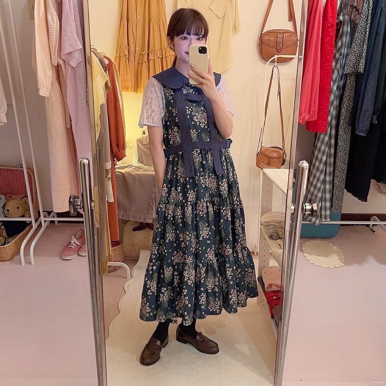 original item / attached flower harness one-piece , navy