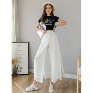 パンツ ブラック ホワイト ライトブルー パープル 春夏 変形 ゆったり ふんわり レディース シフォン ウエスト ゴム ワイド 50代 40代 カラー きれいめ スリット BM-013KM