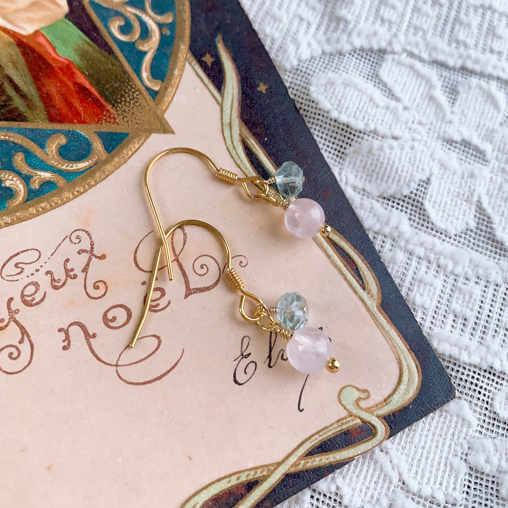 アクアマリン ローズクォーツ ピアス