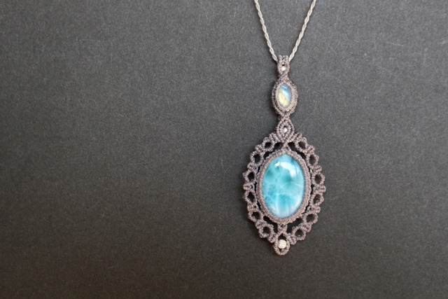 Larimar & Rainbow  moonstone  micro macrame pendant