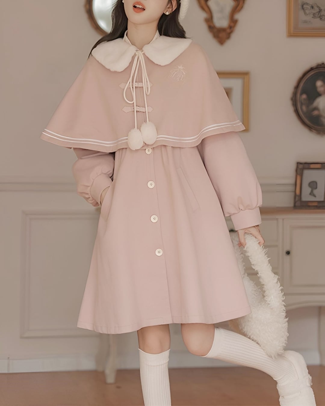 ボンボンケープピンクコート 24W12074