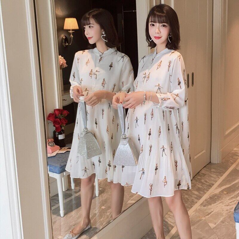 【新作】【送料無料】 2020年春プラスサイズ妊婦シフォンプリーツドレス七分袖プリントマタニティエンパイアプリーツドレス レッド 大きめサイズ スプリング 春物 AL expec362554261523