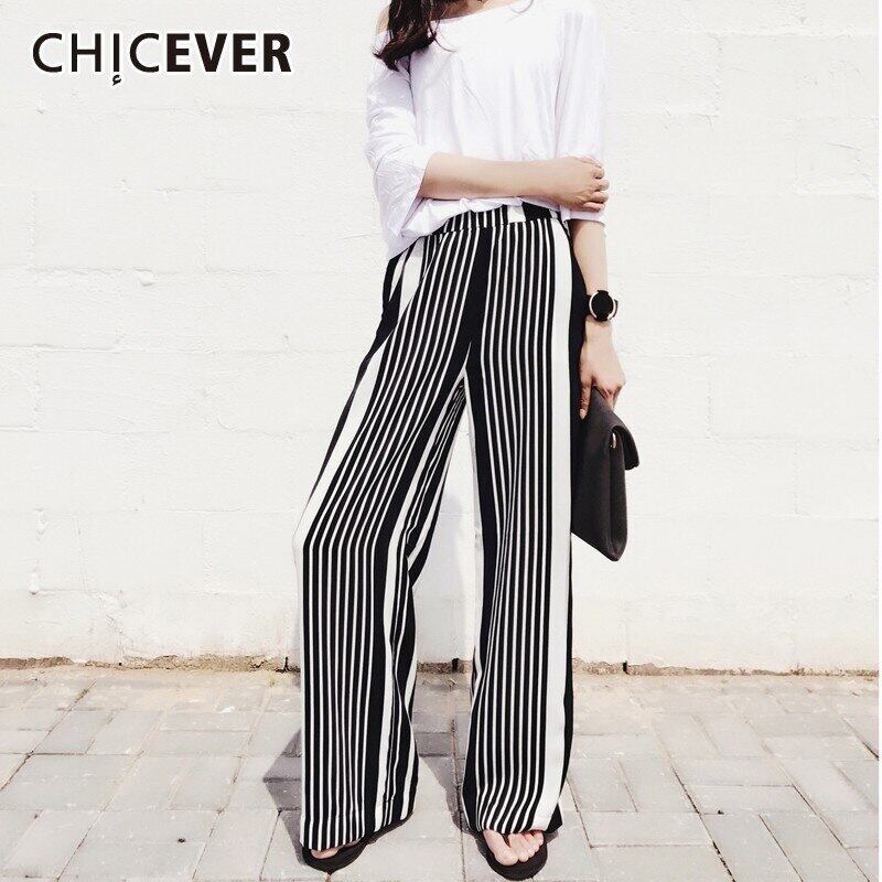 CHICEVERストライプワイドレッグパンツレディースシフォンエラスティックウエストラージサイズロングパンツサマーオルパンツ2020 伸縮 大きめサイズ 夏物 ワイドパンツ 6base54962910554