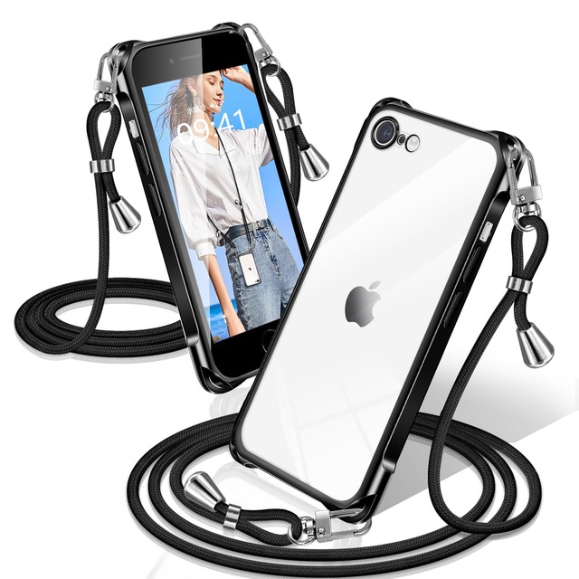XIOYATY iPhone SE3/SE2/8/7対応 ケース クリア ショルダー メッキ調縁 ストラップ付き 紐付き 四隅クッション カメラ保護