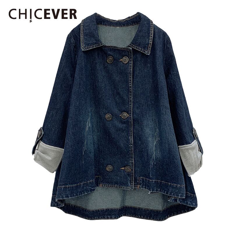 CHICEVERパッチワークヒットカラーレディースデニムジャケットラペルカラー長袖オーバーサイズ非対称コート2020服 ロング 6base563708768943