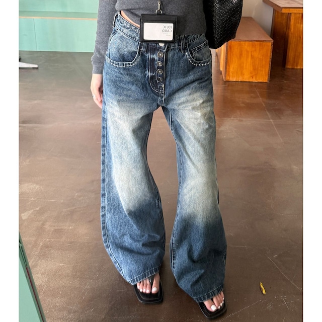 フェードステッチフロントボタンデニムパンツ 1col R02422