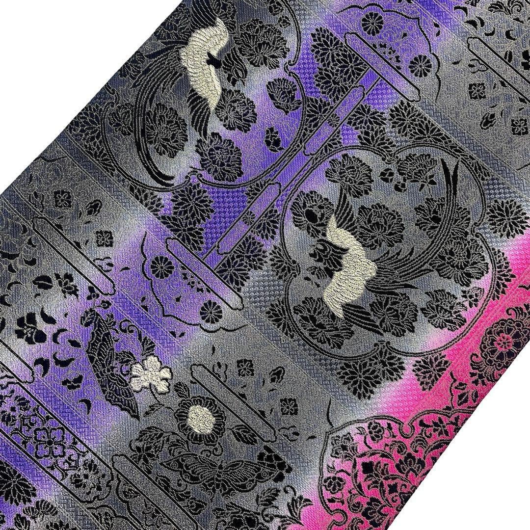 袋帯 前田仁仙 鳳凰に花柄模様 縦柄グラデーション 紺鼠色 O-4124  