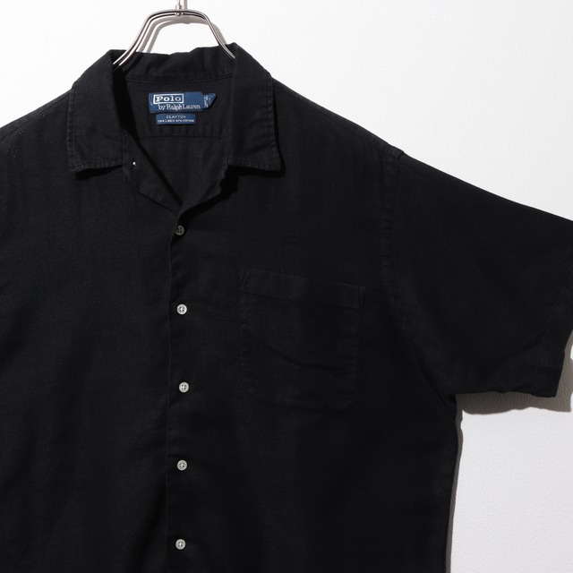 美品 L 完全無地 ブラック CLAYTON ガーゼ織りリネンコットン クレイトン Polo Ralph Lauren ポロラルフローレン 黒 半袖シャツ