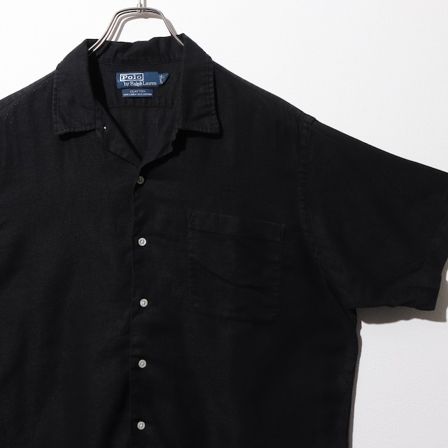 美品 L 完全無地 ブラック CLAYTON ガーゼ織りリネンコットン クレイトン Polo Ralph Lauren ポロラルフローレン 黒 半袖シャツ