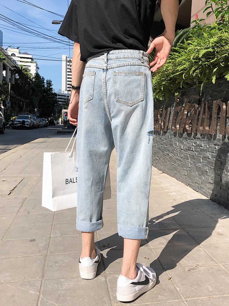 全1色 デニム パンツ ストレート カジュアル ダメージ おしゃれ