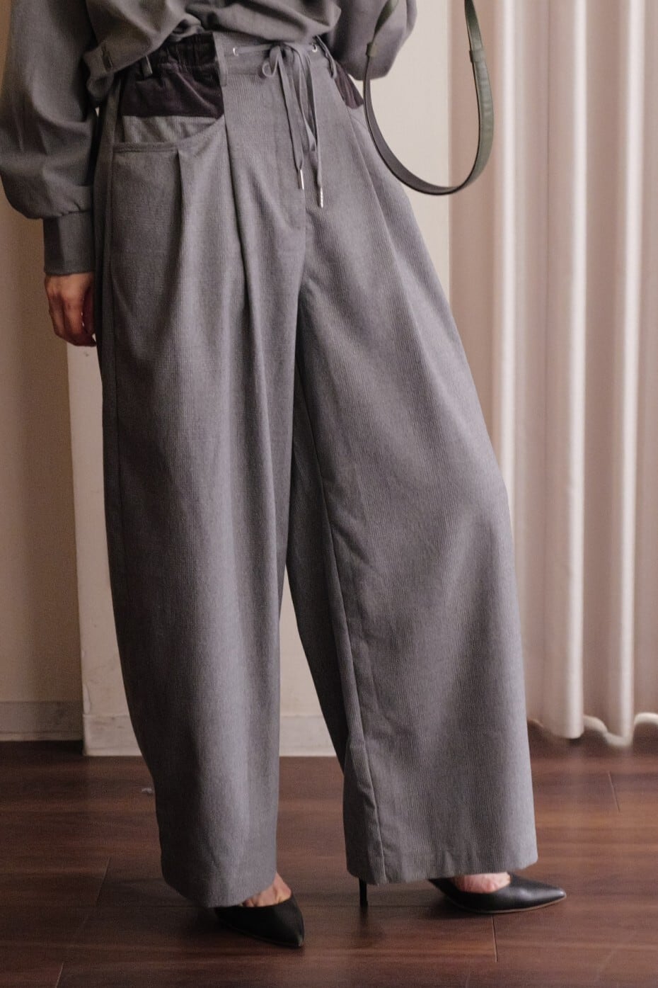 check corduroy combi pants grey