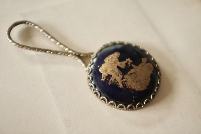 フランス 濃密なペルシャンブルーに漂う紳士淑女の手鏡 ヴィンテージ